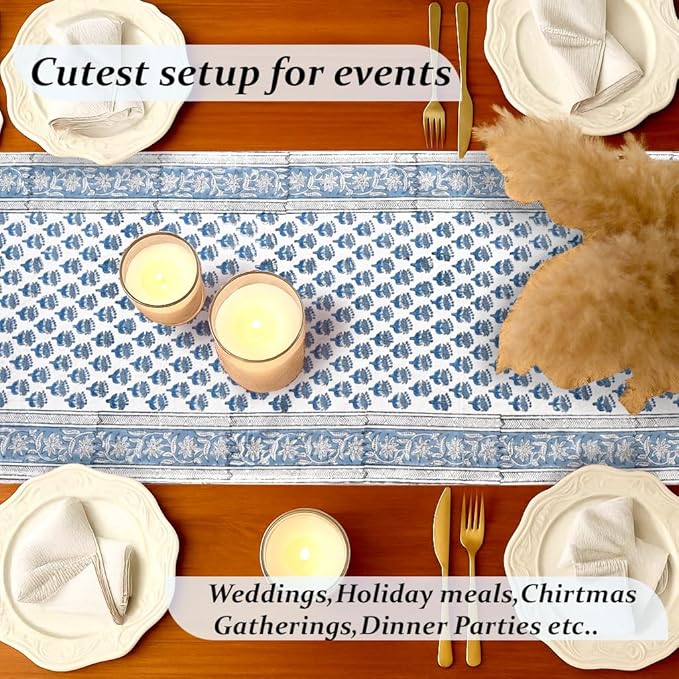 CPC Cotton Table Runner 16x60 Inch Block Printed Long Fall Table Runner for Dining Table, Card Table, Coffee Table, Wedding, Farmhouse & Outdoor Barbeque-Apatite Blue