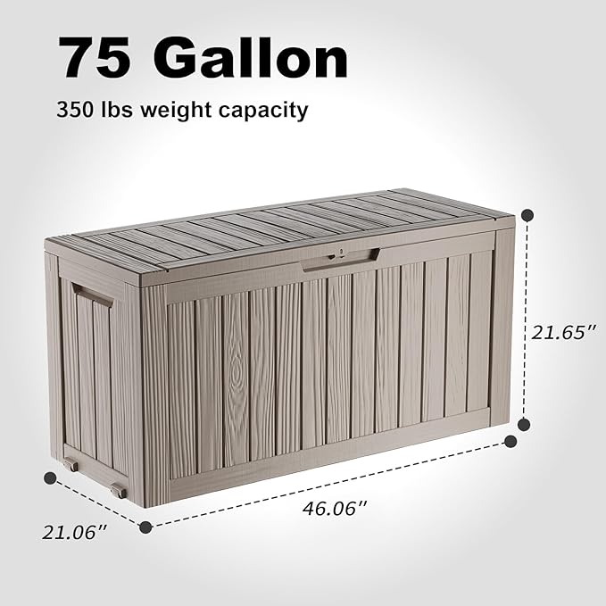 75 Gallon Waterproof Outdoor Storage Box,Resin Deck Box,Lockable Outside Storage Box Container for Patio Furniure,Garden,Pool Tools (75 Gallon,Grey)