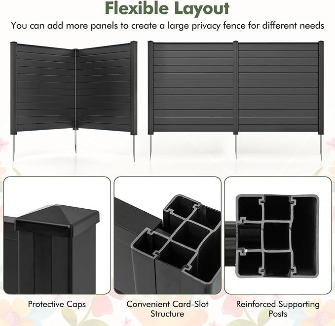 Giantex 2 Panels Outdoor Privacy Screen, 48''W x 48''H Air Conditioner Fence, Trash Can Enclosure with Stakes, PVC Vinyl Decorative Fences for Garden Patio Lawn, Easy Assembly, Black
