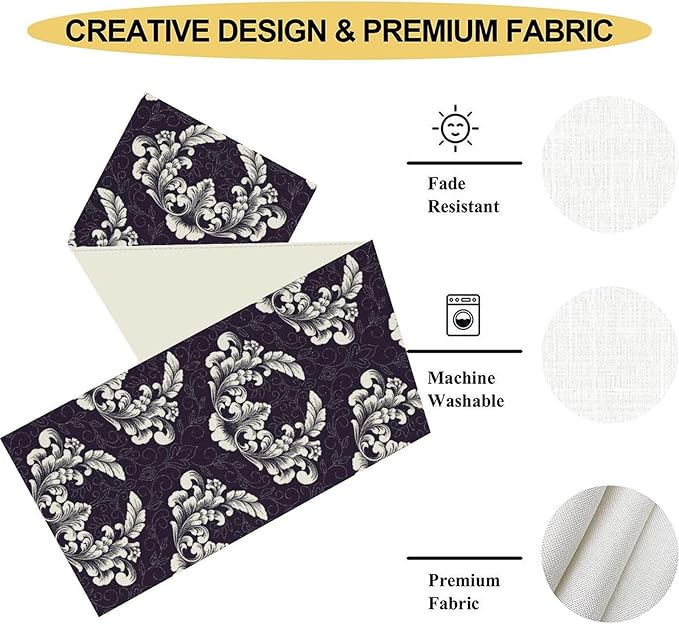 Gothic Table Runner, Antique Retro Damask Floral Bohemian Boho Purple Rustic Vintage Coffee Table Center Decor for Kitchen and Dining Outdoor Home Country Party Table Decorations, 13"x108"