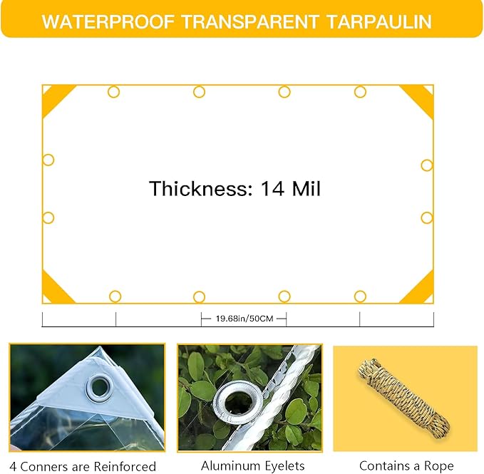 Clear Tarp with Grommets,Transparent Heavy Duty PVC Vinyl Tarpaulin， Anti-Tear Waterproof ，14Mil Clear Awning Canopy Patio Enclosure,for Home Garden Outdoor（10' x 20'）