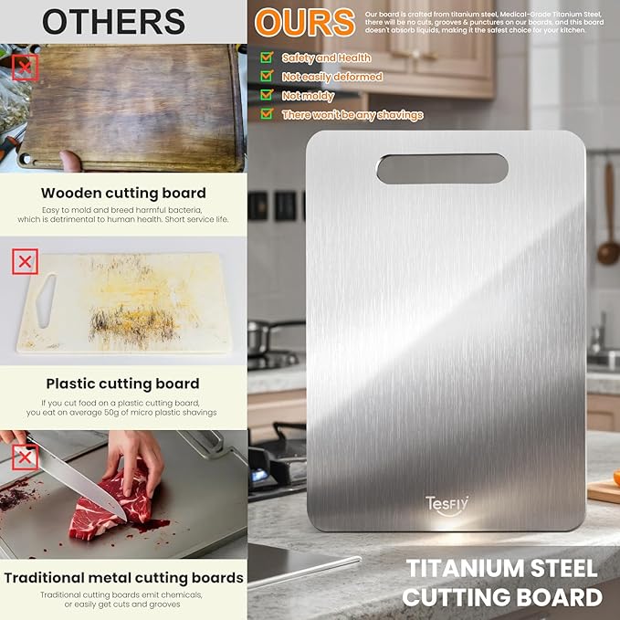 3 Pack Titanium Cutting Board - 100% Pure Titanium Cutting Boards For Kitche,Easy to clean, Double-sided food-grade Cutting Board For Meats, Fruits And Vegetables (M+L+XL）