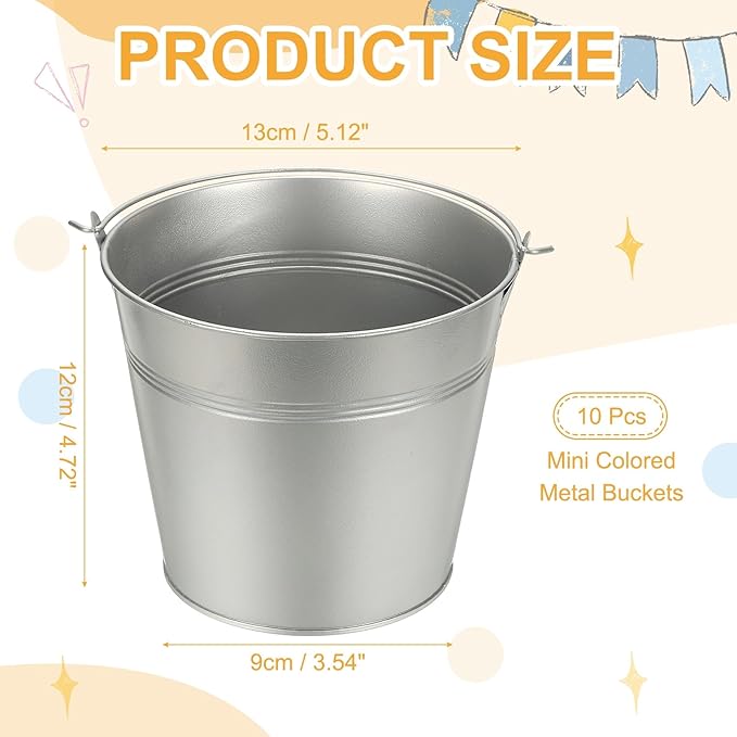 Small Metal Buckets, Mini Buckets with Handle Galvanized Colored Tin Pail Containers Basket Party Supplies - Fit for (Halloween - Classroom Crafts) 5" & 10Pcs & Silver