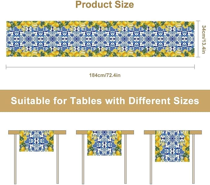 Blue Lemon Table Runner, Italy Tile Yellow Lemon Fruit Table Runners for Farmhouse Coffee Home Kitchen Dining Party Patio Indoor Outdoor 13x36in