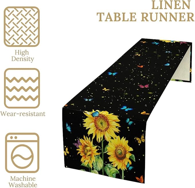 Farmhouse Sunflower Table Runner, Black Starry Spring Yellow Flowers Botanical Butterfly Table Runners for Dining Kitchen Holiday Party Table Decor, 13x36inch