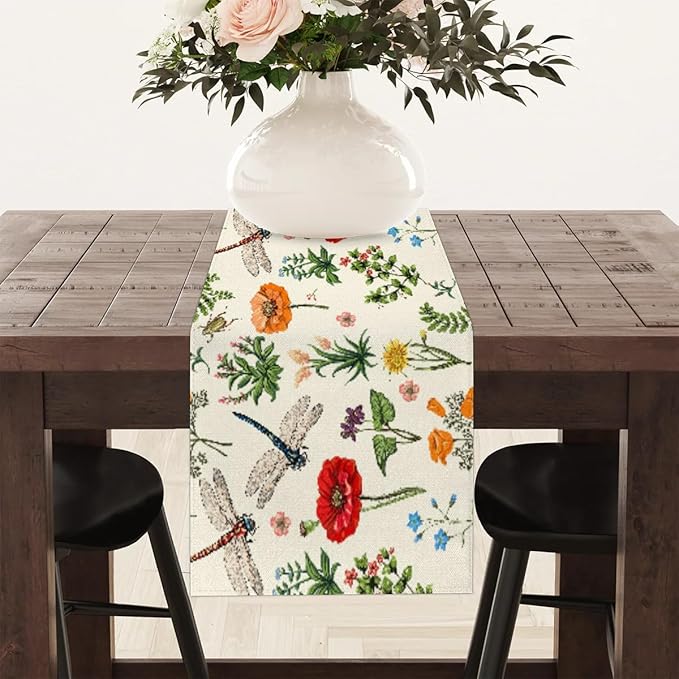 Flowers Dragonflies Table Runner Kitchen Dining Table Runner 13*36in Table Center Decor for Indoor Outdoor Home Holiday Party