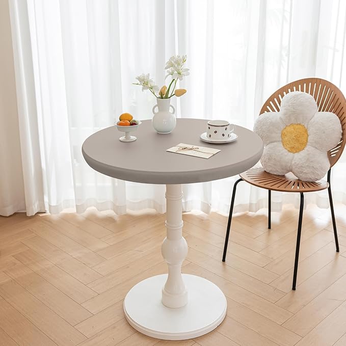 Round Fitted PU Tablecloth with High Elastic Edge 51 Inch Dia Waterproof Oil Proof Table Cloth Anti-Scald Stain-Resistant Wipeable Table Cover for Indoor Outdoor Picnic (Grey,51" Dia)