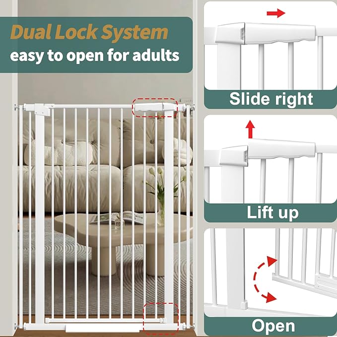 40.55" Tall 1.37" Ultra Narrow Spacing Dogs Pets Baby Gate for Doorway Hallway Safety Proof Indoor 69.48-77.36" Extra Wide Puppy Pressure Mounted No Drill Walk Through White Metal