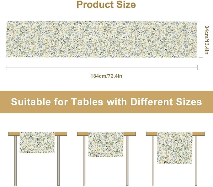 Rustic Flower Table Runner, Spring Sage Green Eucalyptus Leaves Watercolor Floral Flower Plant Leaves Print Table Cover for Dinning Holiday Home Picnic Party Decor, 13x108inch