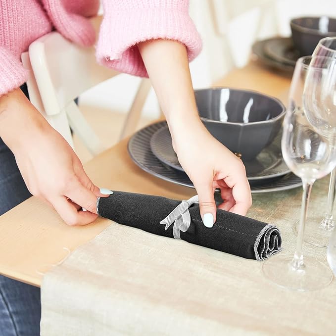 Hillban 12 Pcs Anti Tarnish Silver Storage Bags Silver Storage Cloth Felt Flatware Organizer Anti Tarnish Protector Bags Place Setting Roll with White Ribbon for Kitchen Cutlery (12 Slots,Black)