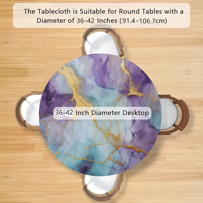 Marble Purple Gold Blue Round Table Cloth Cover, Elastic Edge Waterproof Wipeable Tablecloths 36"-42" Polyester Tablecloth for Party Restaurant Banquet Holiday Camping Outdoor Picnic