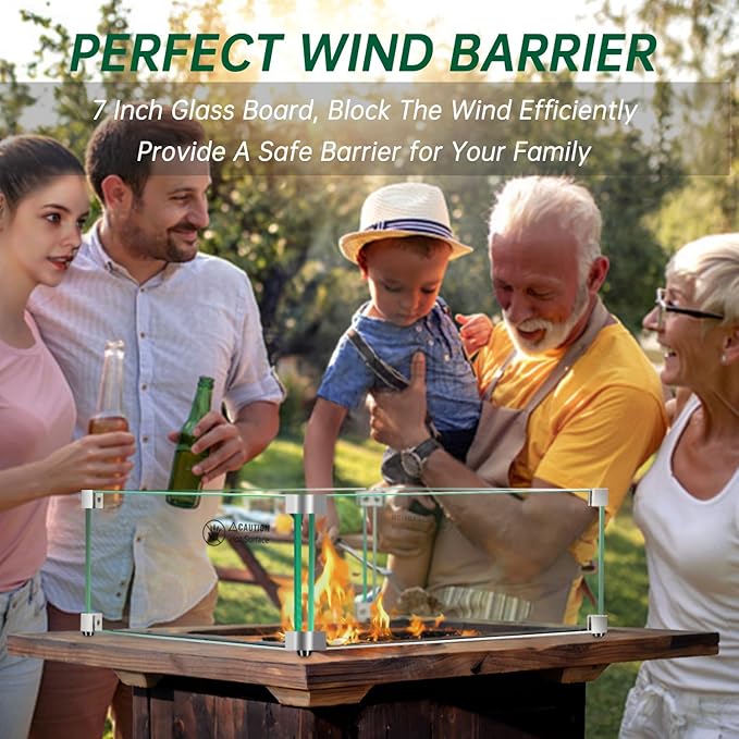 Fire Pit Wind Guard: 15" x 15" x 7" Square Glass Wind Guard for Outdoor Propane/Natural Gas Fire Pit Table, Clear Tempered Glass and Hard Aluminum Corner Brackets, Easy Assembly