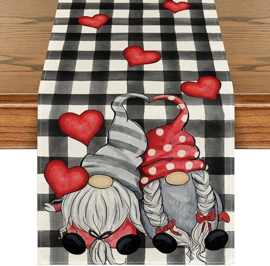Artoid Mode Watercolor Buffalo Plaid Hearts Gnomes Love Valentine's Table Runner, Seasonal Anniversary Wedding HoliKitchen Dining Table Decoration for Indoor Outdoor Home Decor 13 x 36 Inch