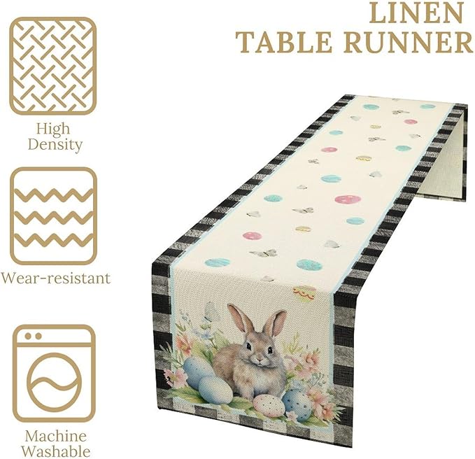 Easter Table Runner,Vinatge Black Plaid Rabbit Easter Eggs Butterflies Floral Spring Table Center Decor for Family Kitchen and Living Room Outdoor Farmhouse Party Table Decorations, 13"x108"