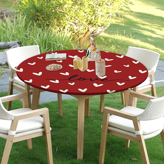Valentines Day Round Fitted Tablecloth with Elastic Red White Love Heart Circle Table Cloth for 44-48" Round Tables Stretch Waterproof Washable Valentine Table Cover for Picnic Dining Party Decor