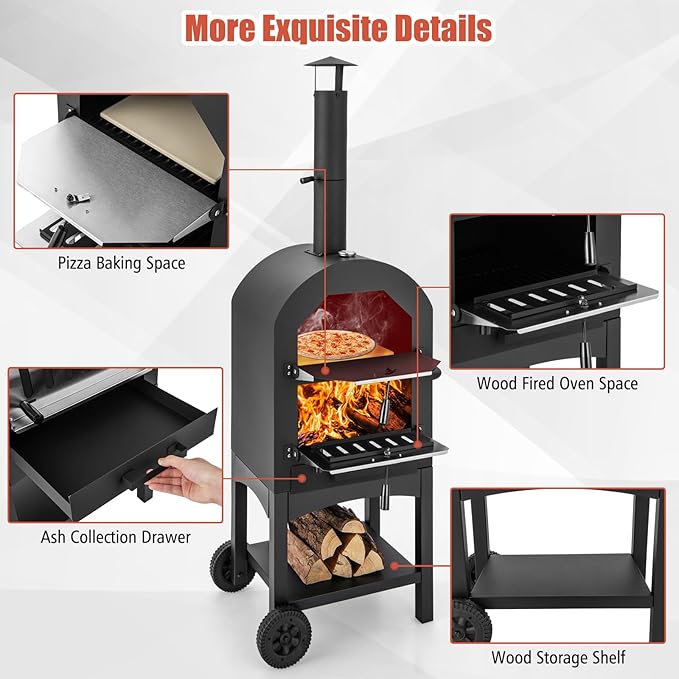 Giantex Wood Fired Pizza Oven with Pizza Stone, Peel, Waterproof Cover, Cooking Grids, Wheels for Outside Camping, Outdoor Backyard Party (64 Inch)