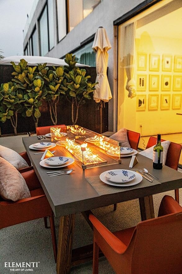Elementi | Bundle Sonoma Gas Fire Pit Cast Concrete Rectangular Dining Fire Table, Outdoor Fire Pit Electronic Ignition | Canvas Cover, Lava Rock Included | Propane Gas