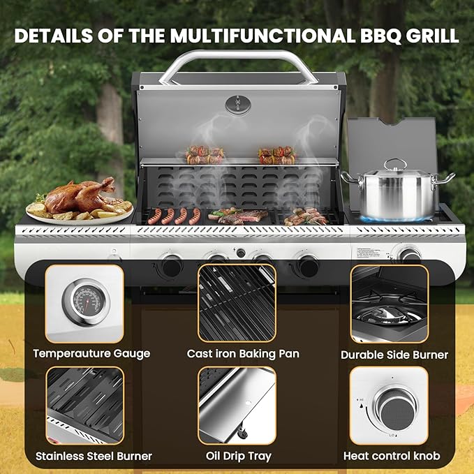 G41 Gas Grill,4-Burner Gas BBQ Grill with Side Burner, Porcelain-Enameled Grills, 42,000 BTU Stainless Steel Propane Grill for Outdoor Cooking and Patio Barbecues