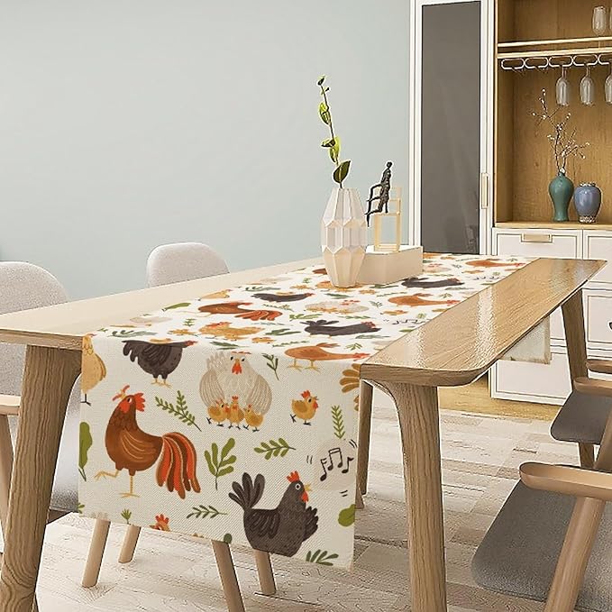 Cute Roosters Chickens Table Runners, Rustic Farm Animals Hen Table Runner for Farmhouse Wedding Coffee Dining Table Party Home 13x90in