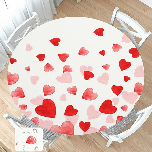 Valentines Day Round Fitted Tablecloth with Elastic Pink Red Love Heart Circle Table Cloth for 48-52" Round Tables Wipeable Waterproof Washable Valentine Table Cover for Picnic Dining Party Decor