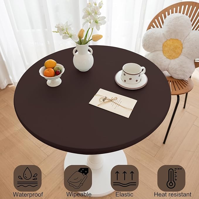 Round Fitted PU Tablecloth with High Elastic Edge 63 Inch Dia Waterproof Oil Proof Table Cloth Anti-Scald Stain-Resistant Wipeable Table Cover for Indoor Outdoor Picnic (Coffee,63" Dia)