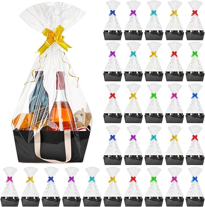 Tuanse 30 Pcs Basket for Gift Empty DIY Bulk Gift Basket Kit with Handle Kraft Cardboard Tray with 30 Bag 30 Bow Market Tray for Wedding Party(Black,12.6 x 9.8 x 5.9 in)