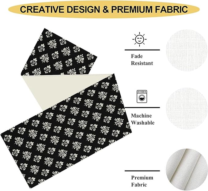 Damask Table Runner, Antique Gothic Black Floral Boho Flower Pattern Rustic Vintage Retro Coffee Table Center Decor for Kitchen and Dining Outdoor Home Country Party Table Decorations, 13"x36"