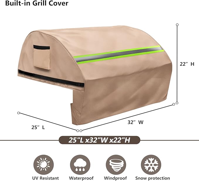 Built in Grill Cover for Bull 30-Inch grill heads - Heavy Duty 600D with Reflective Strips and Plush Lining,Protects the built in grill while enhancing its visual appeal, 25.5"L x32.5"W x22.5"H,Khaki