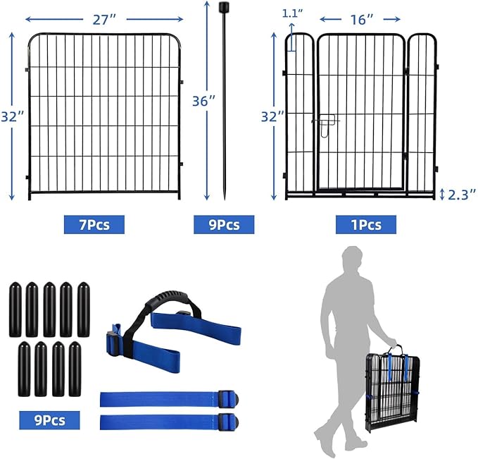 ADAVIN 32 in(H) Garden Fences and Borders,1 Gate+7 Panels Dog Fence Outdoor for Yard, Heavy Duty Iron Metal Animal Barrier Fence, Portable Fence, Flower Garden Fencing,Total 17.7 Ft(L), Black