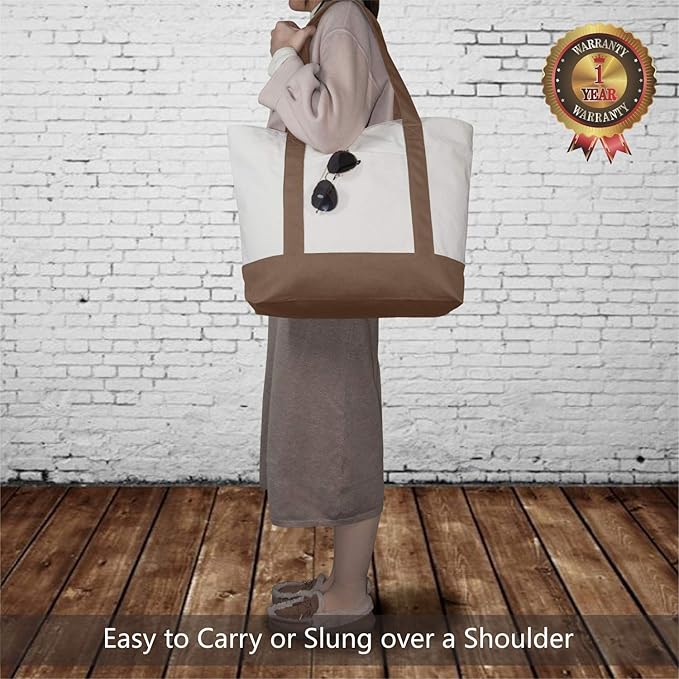 TOPDesign 1-Pack Canvas Tote Bag with an External Pocket, Reusable Grocery Shopping Bag, Top Zipper Closure, Daily Essentials (Brown/Natural)