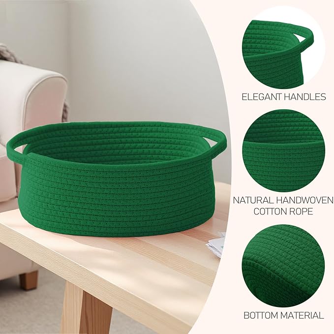 Woven Basket,Small Rope Storage Bin with Handles & Ribbon Bag, Organizer for Shelves Closets,Gift Basket Empty for Birthday,Books,Dog Toys, Green