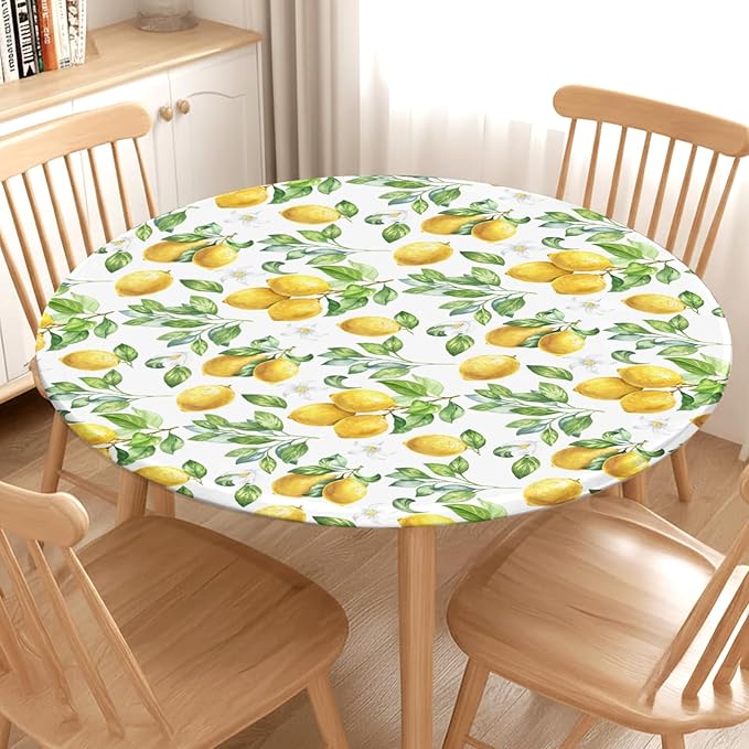 Lemon Round Fitted Tablecloth with Elastic Spring Summer Yellow Lemons Circle Table Cloth for 48-52" Round Tables Wipeable Waterproof Lemonade Party Farmhouse Table Cover for Picnic Dining Outdoor