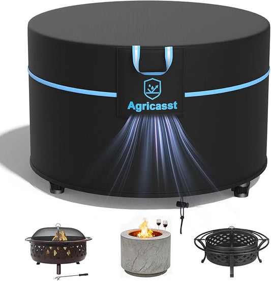 Round Fire Pit Cover for 45''- 48'' Fire Pit, 600D Heavy Duty Outdoor Firepit Cover Waterproof Patio Fire Table Cover with Air Vent, Handle, 4 Windproof Buckles, Drawstring - 48"Dia x 24"H