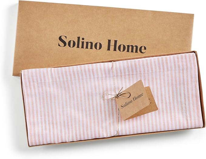 Solino Home Linen Striped Table Runner 36 Inches - Narrow Stripe, 100% Pure Linen Peach and White Small Table Runner 14 x 36 Inch Ideal for Dresser and Coffee Tables, Valentines, Spring, Easter
