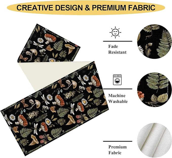 Mushroom Table Runner, Rustic Farmhouse Forest Plants Botanical Country Black Coffee Table Center Decor for Home Kitchen Dining Patio Holiday Party Indoor Outdoor Table Decorations, 13"x90" Inch