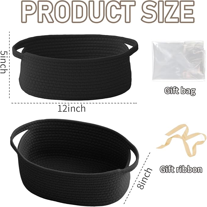 Woven Basket,Small Rope Storage Bin with Handles & Ribbon Bag, Organizer for Shelves Closets,Gift Basket Empty for Birthday,Books,Dog Toys, Black