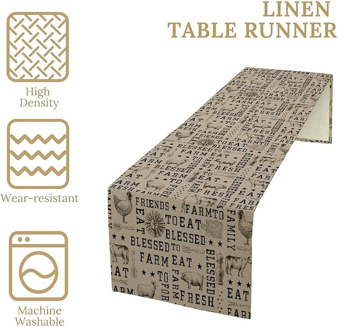 Farmhouse Animal Table Runner, Vintage Country Cow Chicken Sheep Pig Rustic Western Windmill Print Table Runner for Home Dining Kitchen Table Indoors Outdoors Party, 13x36inch