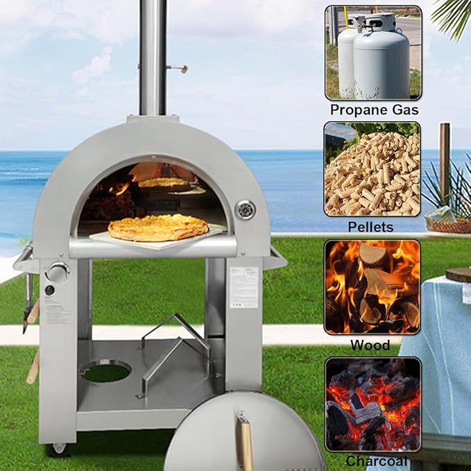 32.5" Wood Fired & Propane Gas Pizza Oven with Waterproof Cover, Large Outdoor Oven with Open Shelf and Wheels for BBQ, Grilling, Stainless Steel Pizza Oven for Outdoor, Backyard and Party (Red)