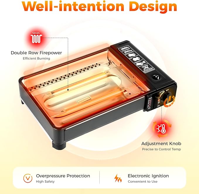 Portable Gas Grill Butane Stove, Portable Camping Grill Gas Stove Free Standing BBQ Grill with Grilling Net & Carry Case Dual Fuel Tabletop Outdoor BBQ Stoves for Camping Traveling Cooking