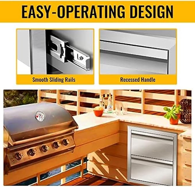Flush Mount Stainless Steel Double Drawers with Recessed Handles for Outdoor Kitchens Or BBQ Island,-14W X 15H X 23D Inch