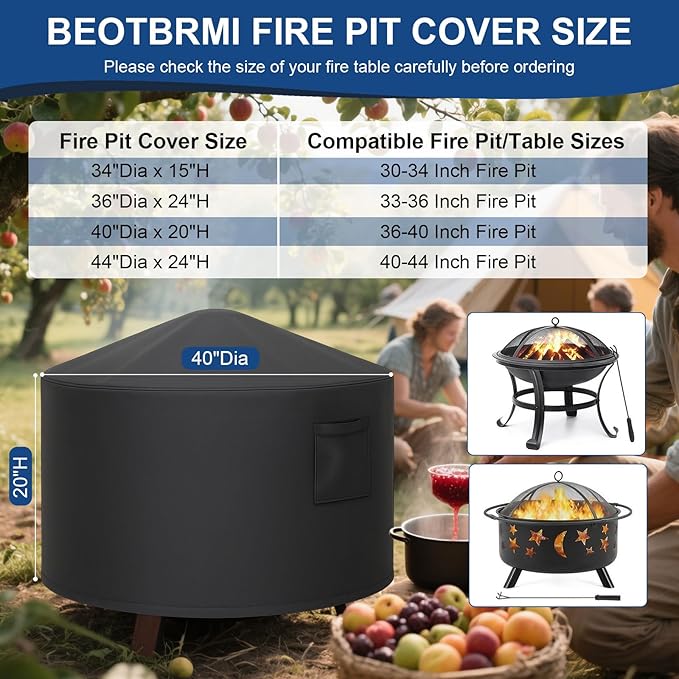 Fire Pit Cover Round, Heavy Duty Waterproof Patio Fire Bowl Cover, Outdoor Firepit Cover with Drawstring and Air Vents for Fire Pit 36-40 Inches