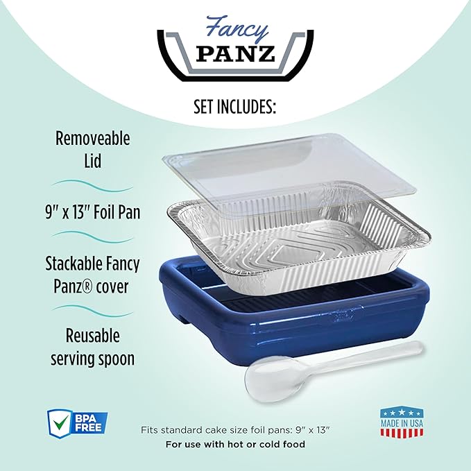 Fancy Panz - Denim Blue 9x13x2" Aluminum Foil Pan Carrier with Lid - Elevated Food Serving Tray - Portable Casserole Carrier with Lid - Made in the USA Hosting Essentials