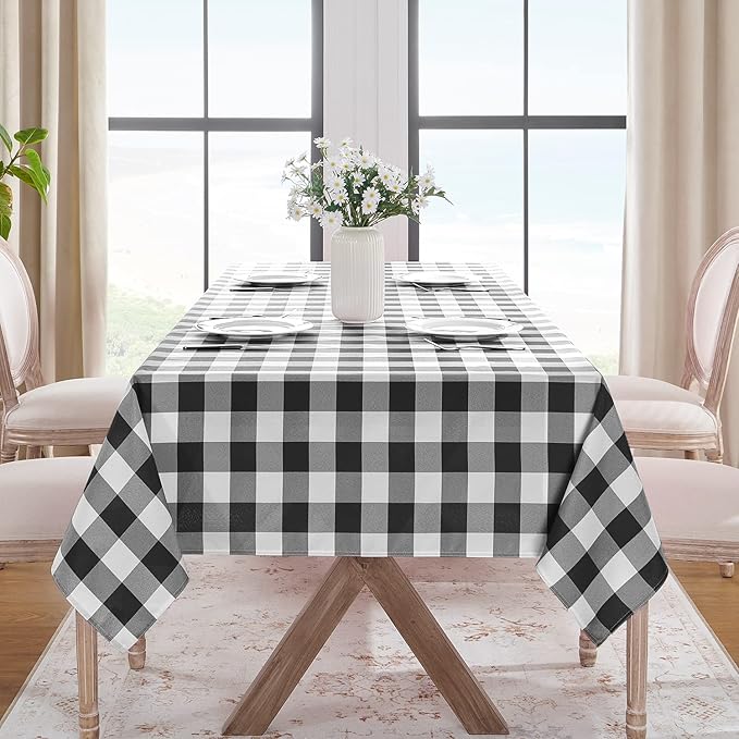 Softalker Gingham Checkered Tablecloth Rectangle - Outdoor Waterproof Buffalo Plaid Table Cloth, Stain Resistant Washable Table Cover for Picnic, Camping, Dining - Black and White, 54 x 120 Inch