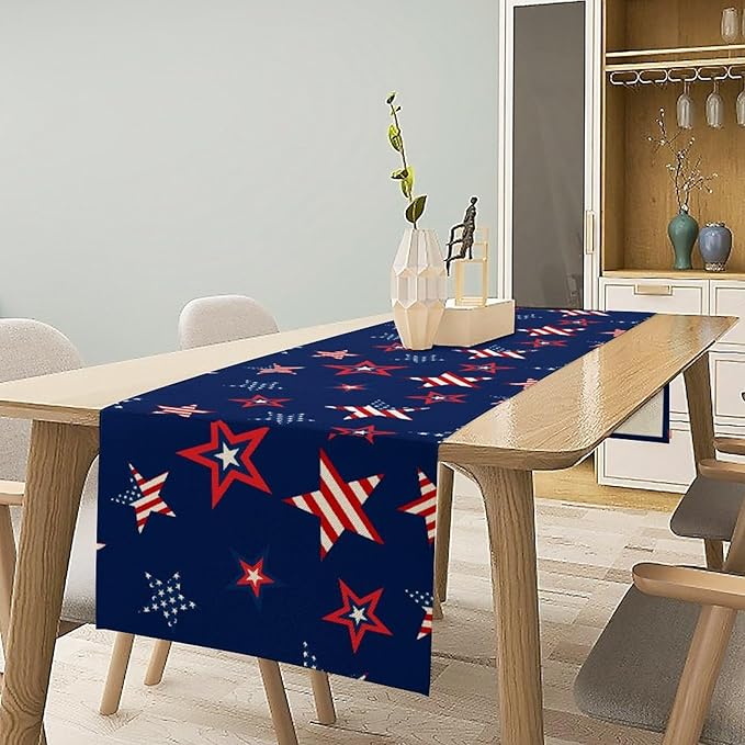 4th of July Patriotic Table Runner, Memorial Day Independence Day Freedom Stars Table Runner for Indoor Kitchen Dining Outdoor Holiday Party 13x70in