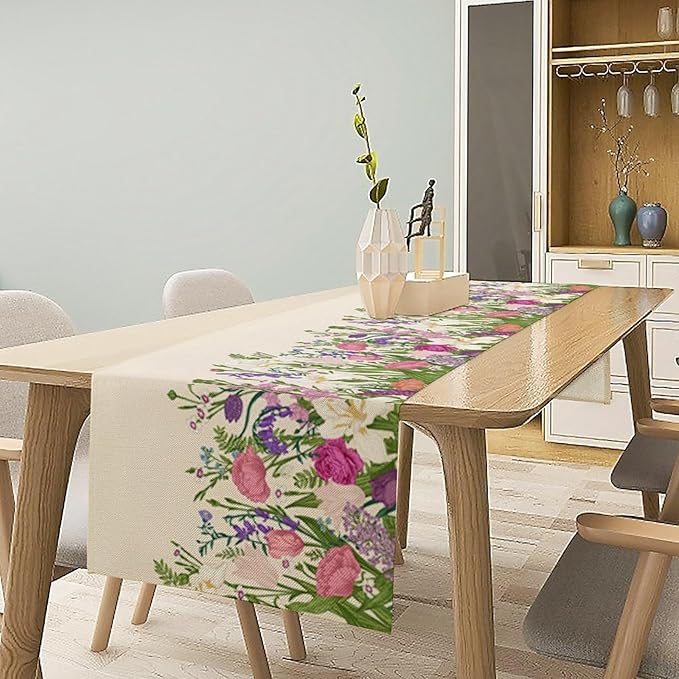 Floral Table Runner,Watercolor Spring Summer Seasons Pink Purple Flowers Table Decoration for Wedding Holiday Indoor Outdoor Home Party 13x120in