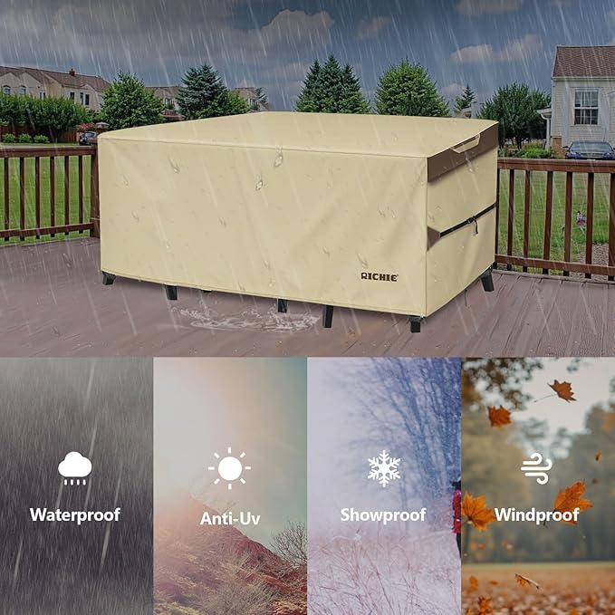 Outdoor Patio Furniture Cover - Heavy Duty Waterproof 600D Tough Canvas Protector for Rectangular Table Cover, All-Season Dining Table and Chair Covers (62L x 44W x 28H Inch)