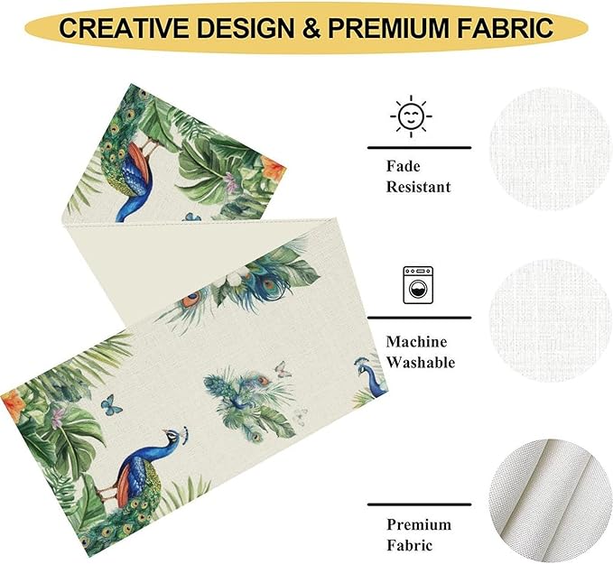 Peacock Table Runner,Traditional Chinese Style Peacock Feather Bird Floral Tropical Leaf Table Center Decor for Home Dining Kitchen Patio Holiday Party Indoor Table Decorations, 13"x108"