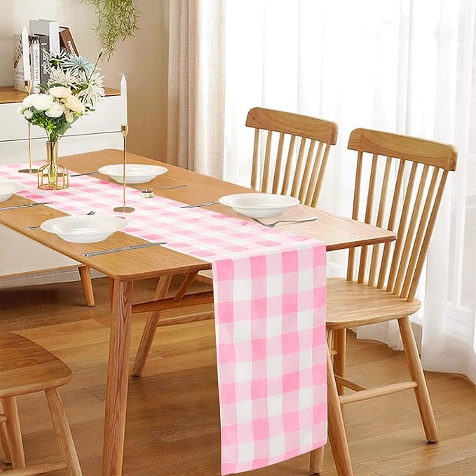 Fabric Checkered Table Runner 12 Pack Waterproof Gingham Table Runner 14W x 108L Buffalo Check Table Runners for Parties Kitchen Dining Wedding Banquet (Pink and White)
