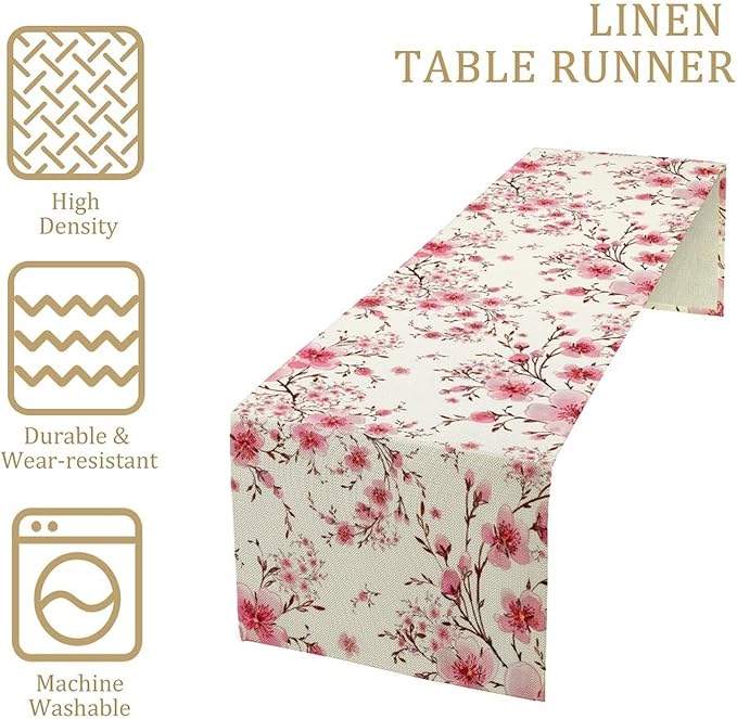Cherry Flower Table Runner, Seasonal Spring Cherry Blossoms Branches Watercolor Floral Print Table Cover for Kitchen Dining Table Indoor Outdoor Party Decor, 13x60inch