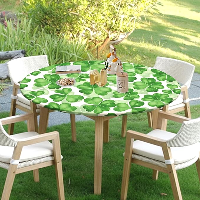 St Patricks Day Round Fitted Tablecloth with Elastic Spring Green Watercolor Shamrock Circle Table Cloth for 48-52" Tables Waterproof Washable Clover Leaf Floral Table Cover for Outdoor Picnic Dining